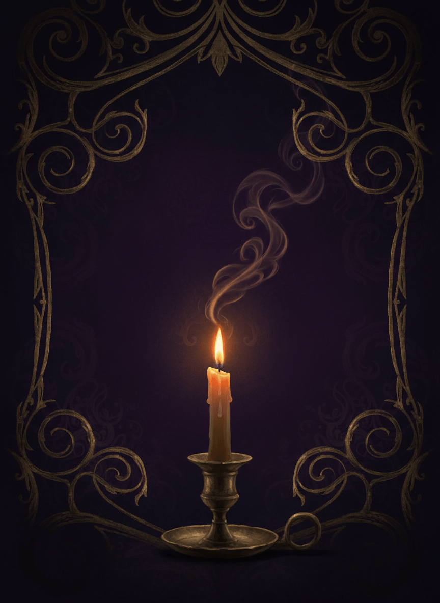 Dark atmospheric fantasy book cover illustration, tall portrait orientation. Midnight purple background with gold filigree and a single burning candle, moody shadows, elegant literary fantasy style, painterly, no text